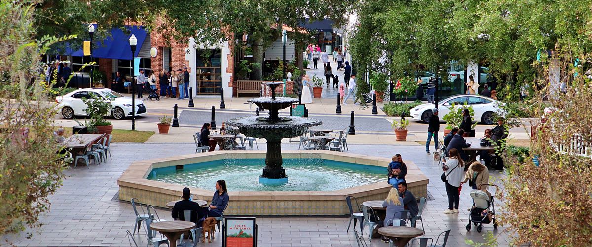 Storefronts and outdoor walkways at Hyde Park Village in Tampa.