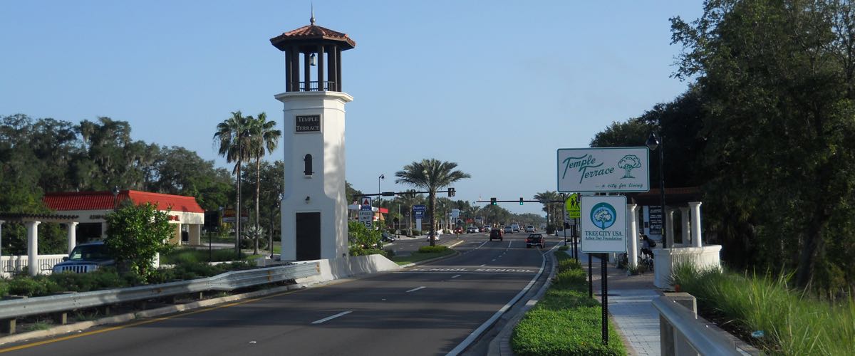 Decorative entry tower marking the City of Temple Terrace on 56th Street.